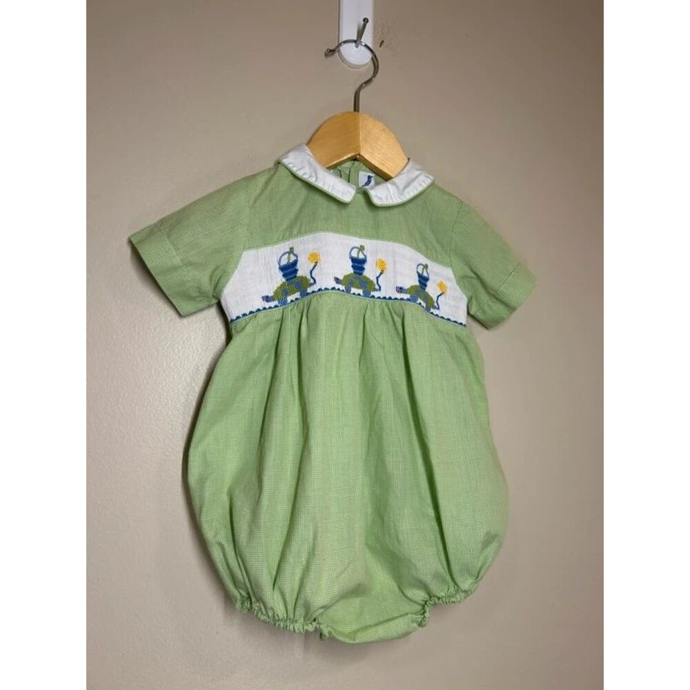 Vintage 12M Baby Boy Hand Smocked Green Bubble Romper